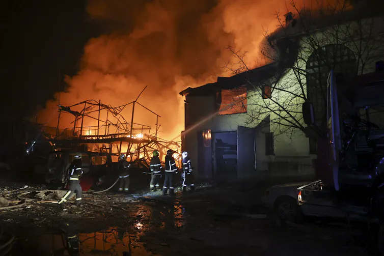Burdning buildings after a drone strike on the Ukrainian city of Kharkiv.