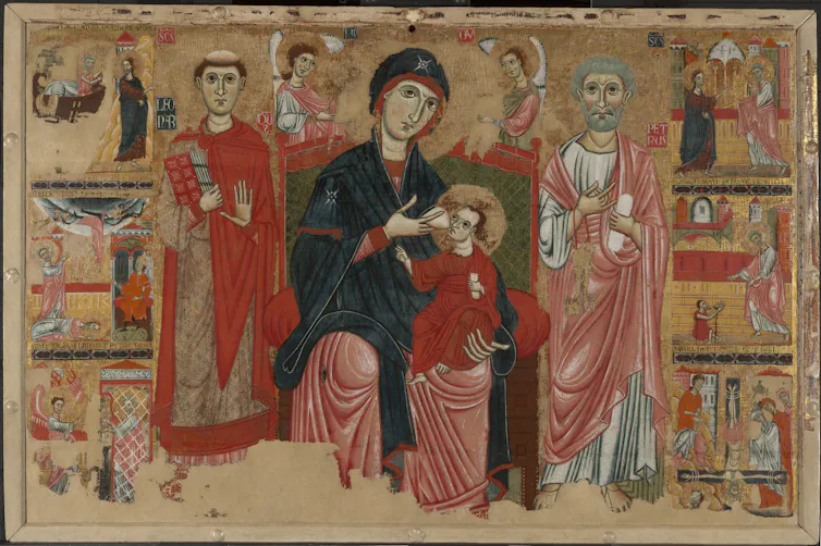 Imagen medieval de la Virgen dándole el pecho a su hijo ante la mirada de dos santos.