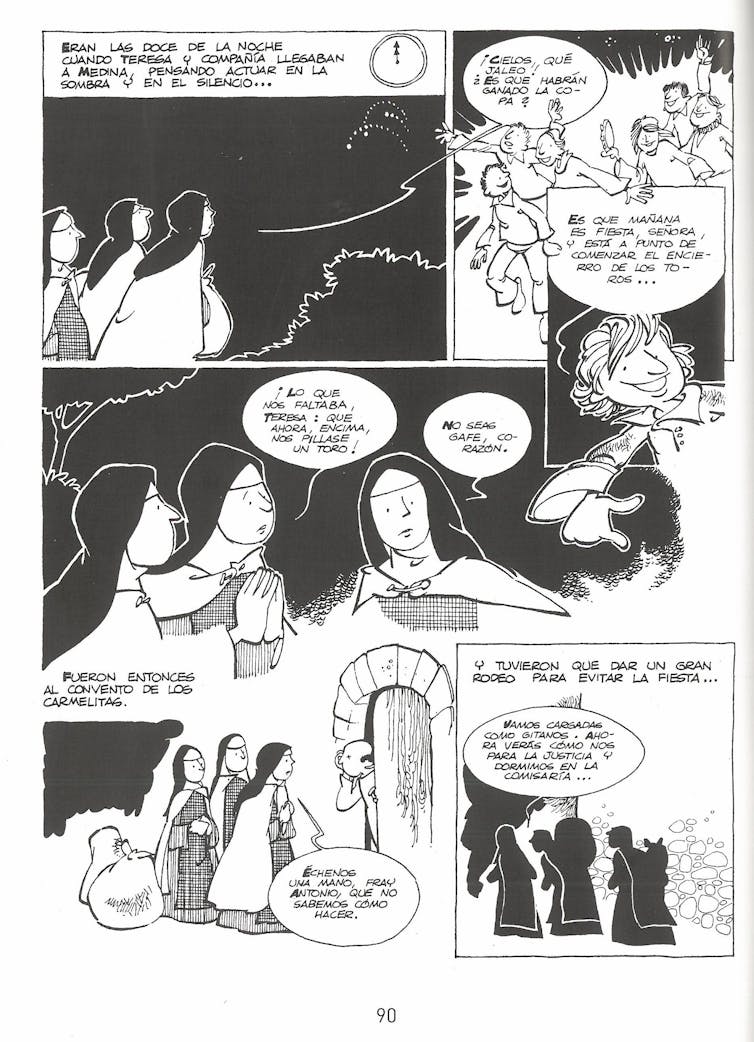 Imagen de una página de cómic en blanco y negro que narra el párrafo anterior.