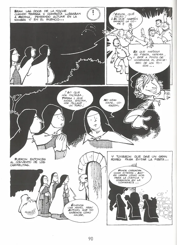 Imagen de una página de cómic en blanco y negro que narra el párrafo anterior.