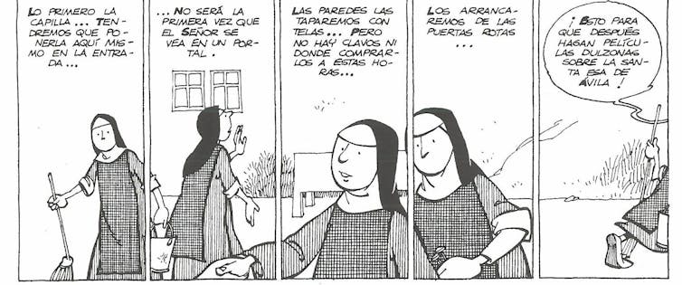Imagen de una página de cómic en blanco y negro que narra el párrafo anterior.