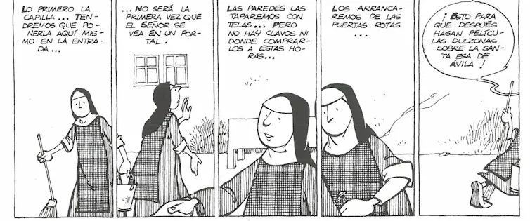 Imagen de una página de cómic en blanco y negro que narra el párrafo anterior.