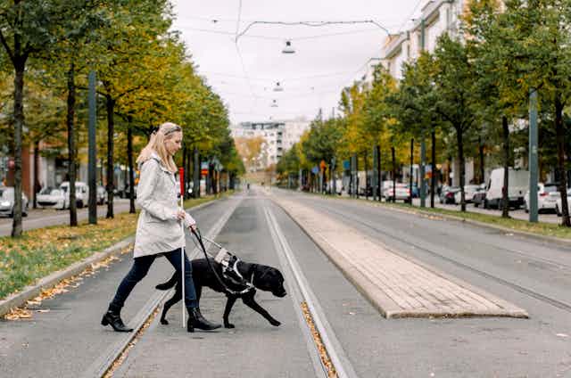 woman walks across road with guide dog and cane