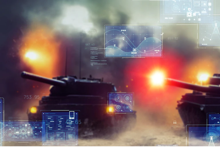 illustration of two firing tanks overlaid with data graphs