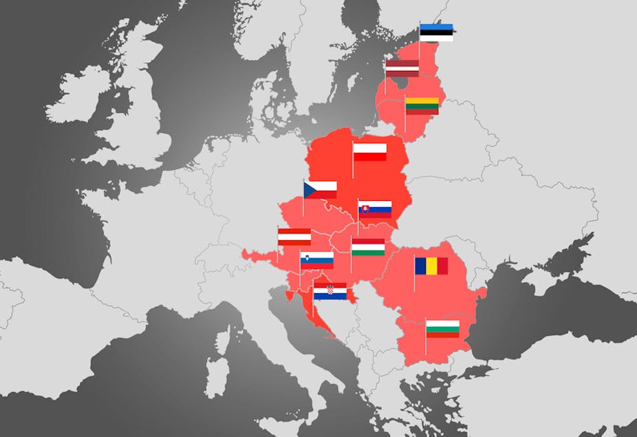 Carte d'Europe avec les États-membre de l'UE situés à l'Est.