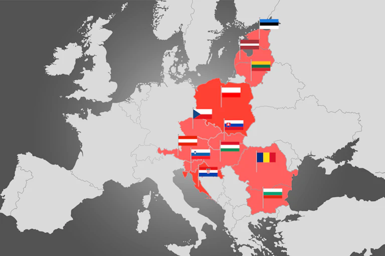 Carte d'Europe avec les États-membre de l'UE situés à l'Est.