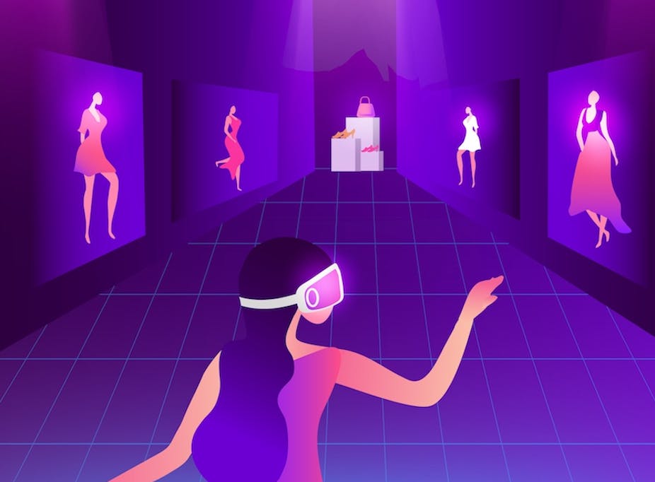 Illustration d'une jeune femme choisissant une robe dans un univers virtuel