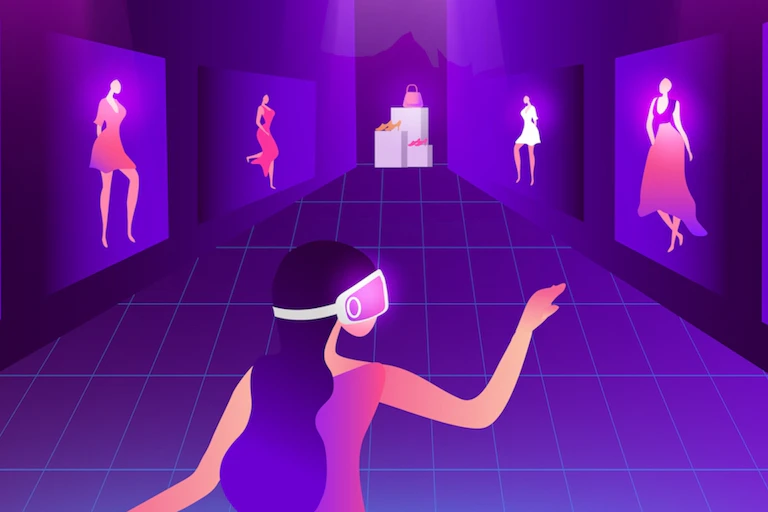Illustration d'une jeune femme choisissant une robe dans un univers virtuel