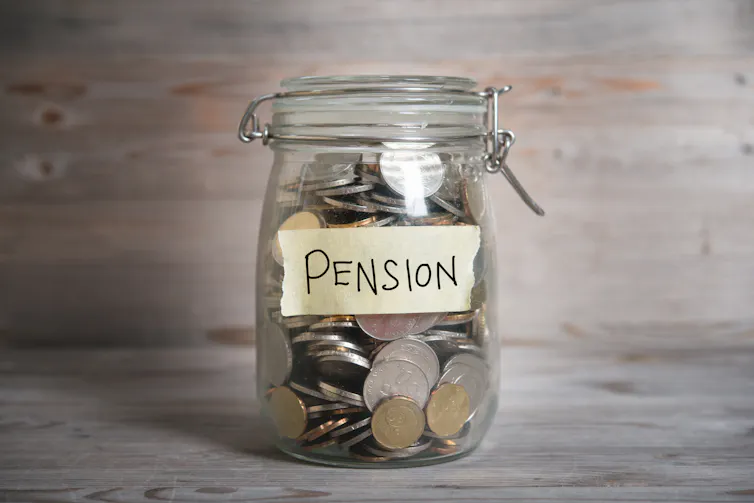 Jar filled with coins, labelled pension.