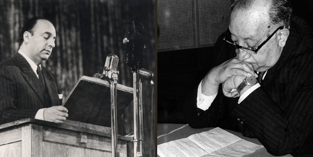 Dos fotografías de Pablo Neruda (en un viaje a la Unión Soviética en 1950) y Miguel Ángel Asturias (en una visita a la UNESCO en 1968)