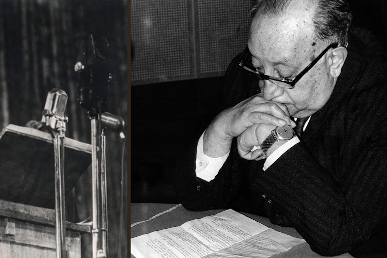 Dos fotografías de Pablo Neruda (en un viaje a la Unión Soviética en 1950) y Miguel Ángel Asturias (en una visita a la UNESCO en 1968)