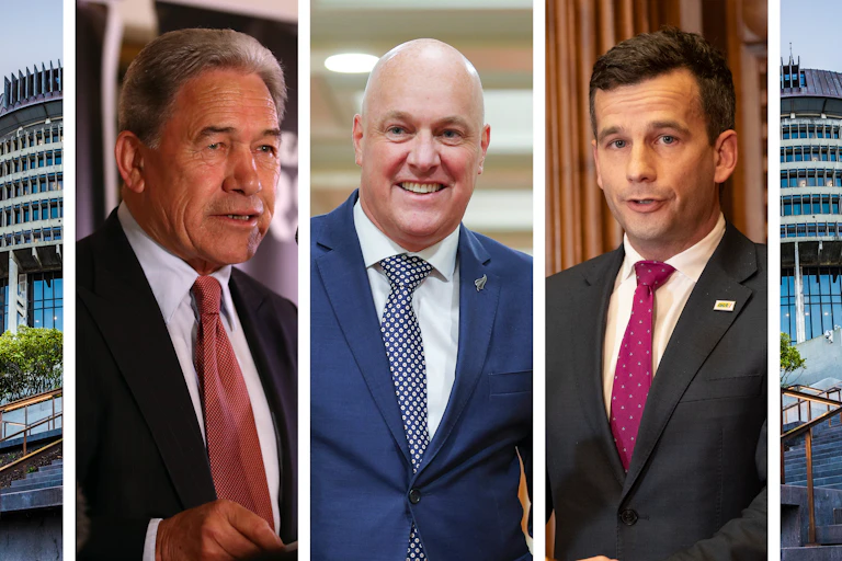 Winston Peters, Christopher Luxon and David Seymour framed by the Beehive parliamentary building