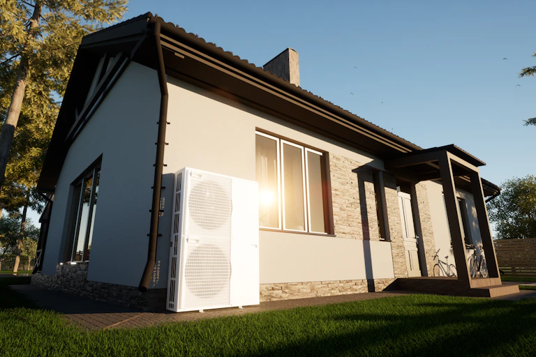 A house with a heat pump attached to the exterior.