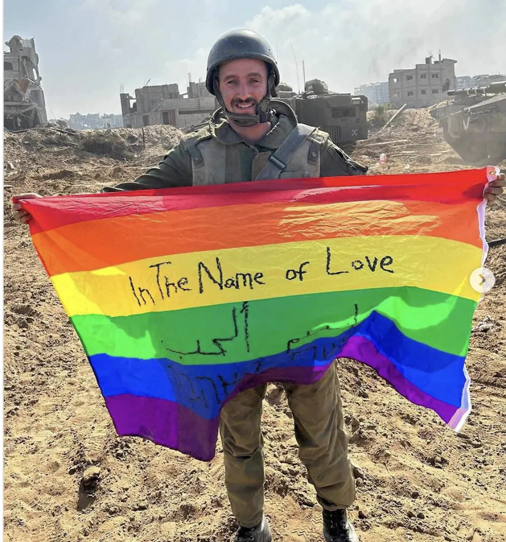 Pink Isreal In Gaza, a photo of Israeli soldier raising a pride flag ‘in the name ...