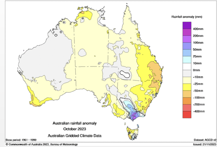 Map of Australia showing the difference from normal rainfall during October 2023, with a large wet patch around Gippsland, Victoria.