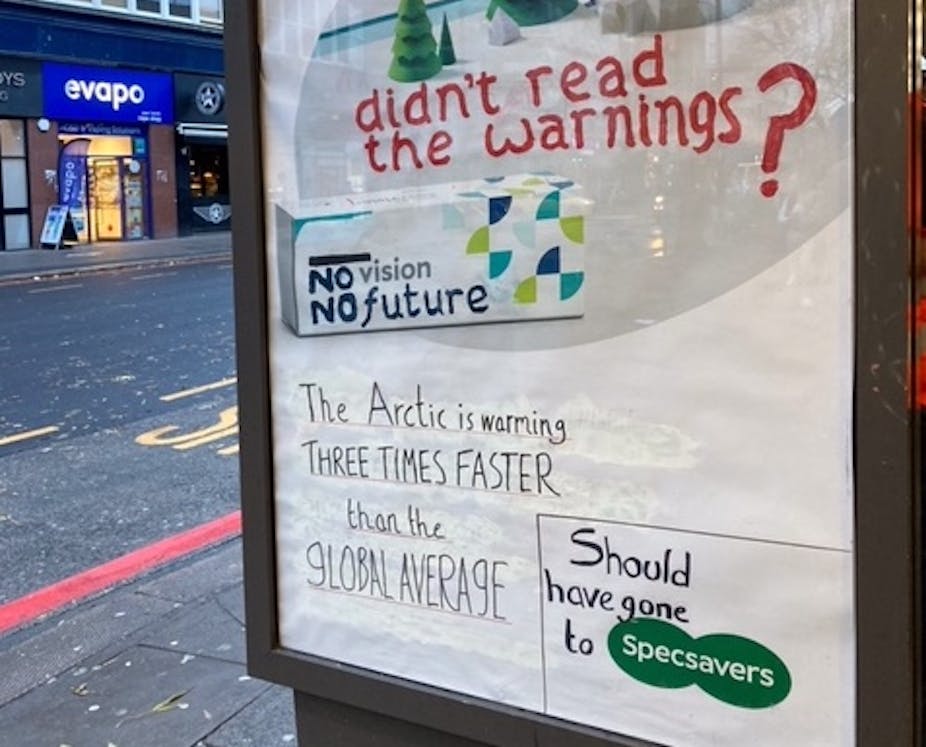 A suberted advert reads 'No Vision, No Future, should have gone to Specsavers'