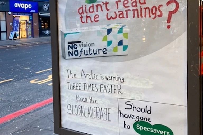 A suberted advert reads 'No Vision, No Future, should have gone to Specsavers'