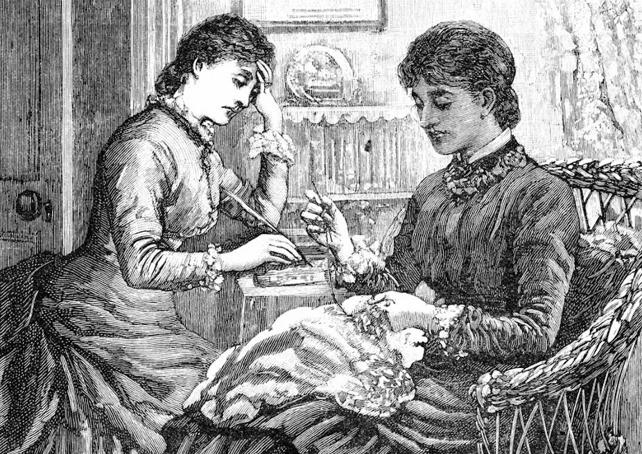 Two Victorian-era women writing and doing embroidery in their home.