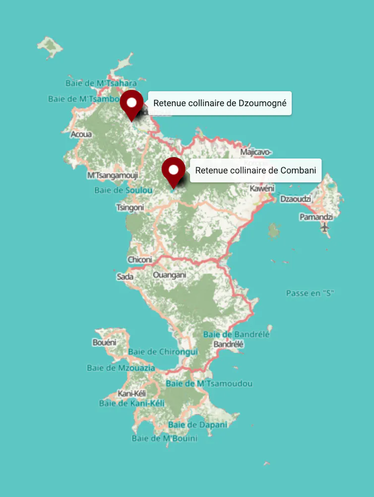 Carte de Mayotte avec l’emplacement des deux retenues collinaires