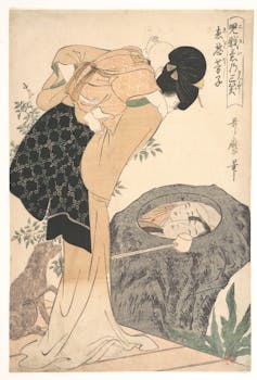 Print of a woman with a baby on her back looking at her reflection