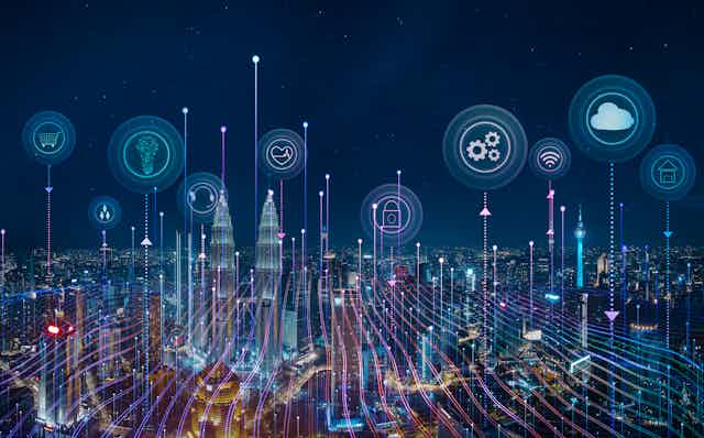 A city skiline at night overlaid with stylized bright lines and app icons