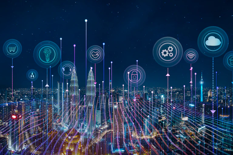 A city skiline at night overlaid with stylized bright lines and app icons