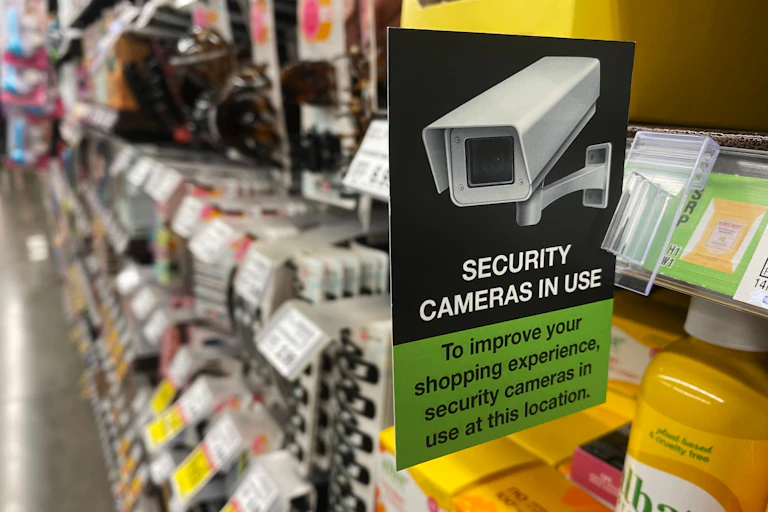 A sign in a supermarket aisle saying security cameras in use