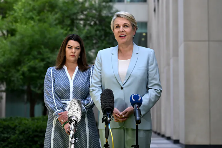 Australian Greens Senator Sarah Hanson-Young and Australian Environment Minister Tanya Plibersek speak during a press conference at Parliament House in Canberra, Monday, 27 November, 2023