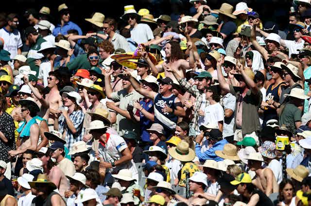 A crowd of cricket fans cheer in a grandstand