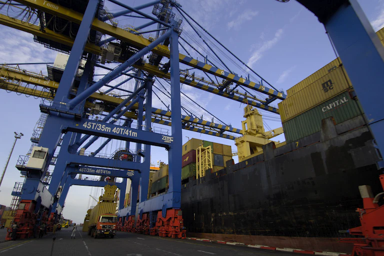 A blue crane at the port