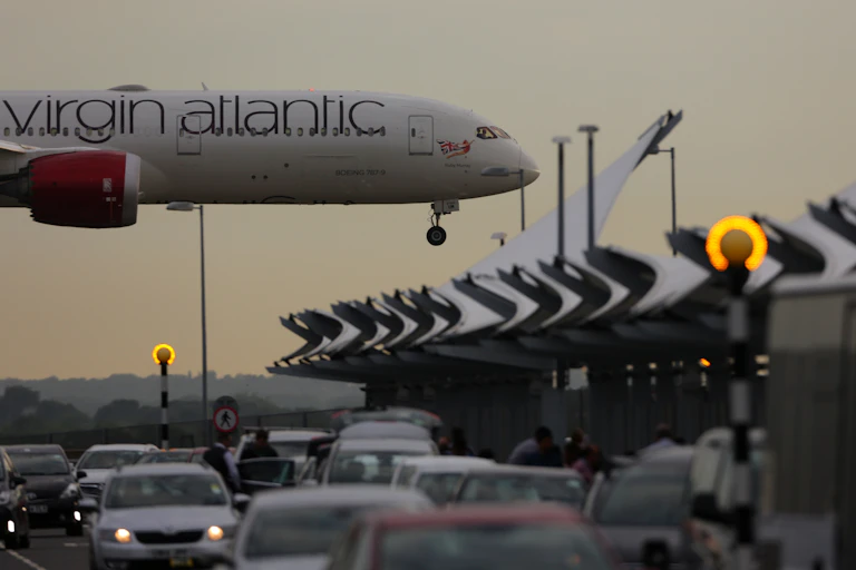 A Boeing 787 Dreamliner landing at Heathrow international airport in London.