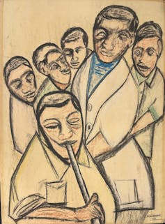 A drawing showing five men behind a man with a tube or stick in his mouth.