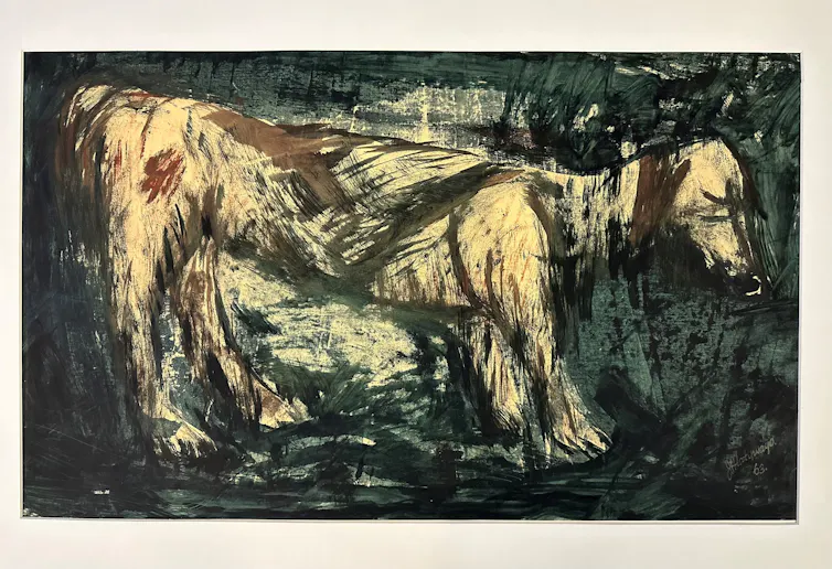 A drawing showing a dark background with a lighter image of a dog in profile.