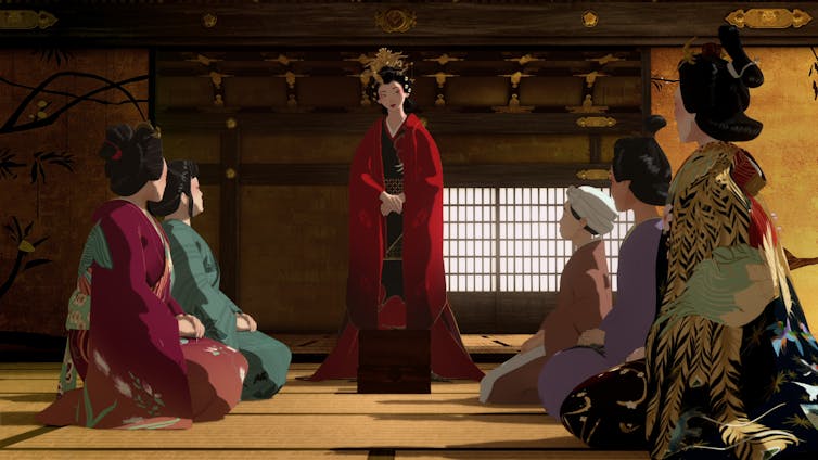 Akemi, uma mulher japonesa, está de pé ao fundo da imagem. Ela veste trajes típicos de nobreza. Em sua frente, no chão de tatame, tem um baú pequeno fechado. Cinco mulheres estão sentadas à frente de Akemi, com kimonos menos suntuosos. Temos três de um lado e duas do outro, todas olhando atentamente para Akemi.