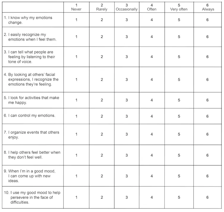 Table of questions assessing emotional intelligence
