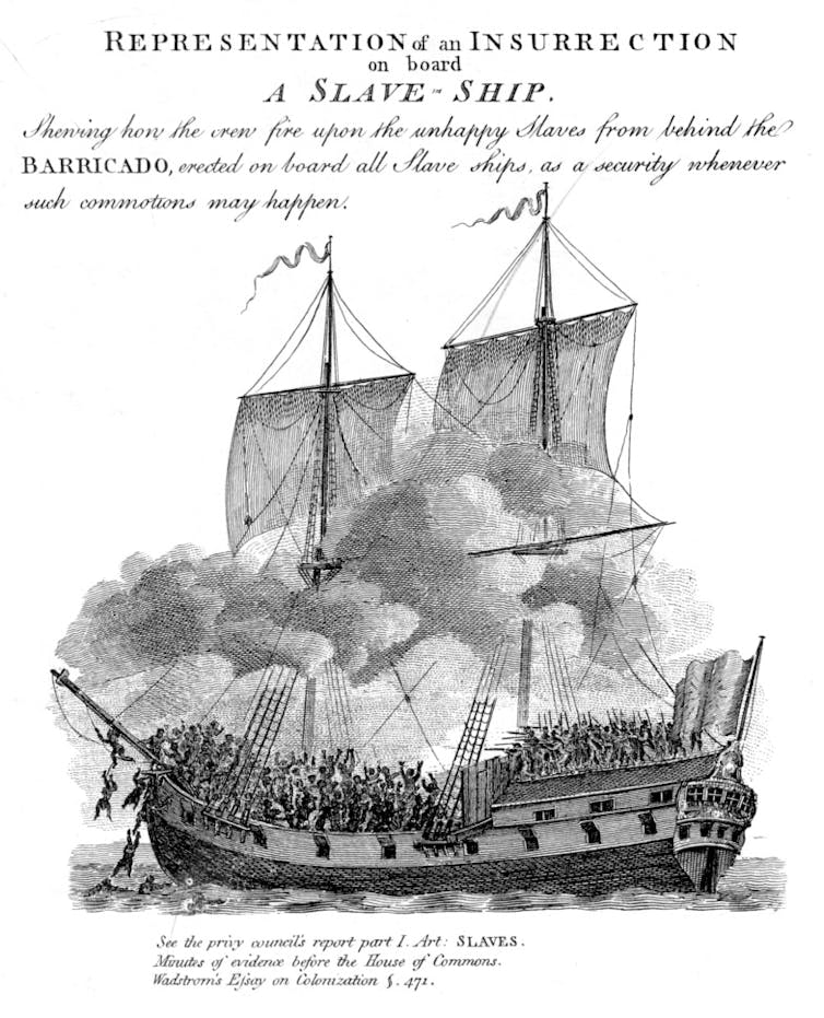 An etching depicting people fighting aboard a tall ship. Revolt Aboard Slave Ship, 1787, by Carl B. Wadstrom in An Essay on Colonization, particularly applied to the Western coast of Africa… in Two Parts (London, 1794, 1795). Carl B. Wadstrom, CC BY-NC