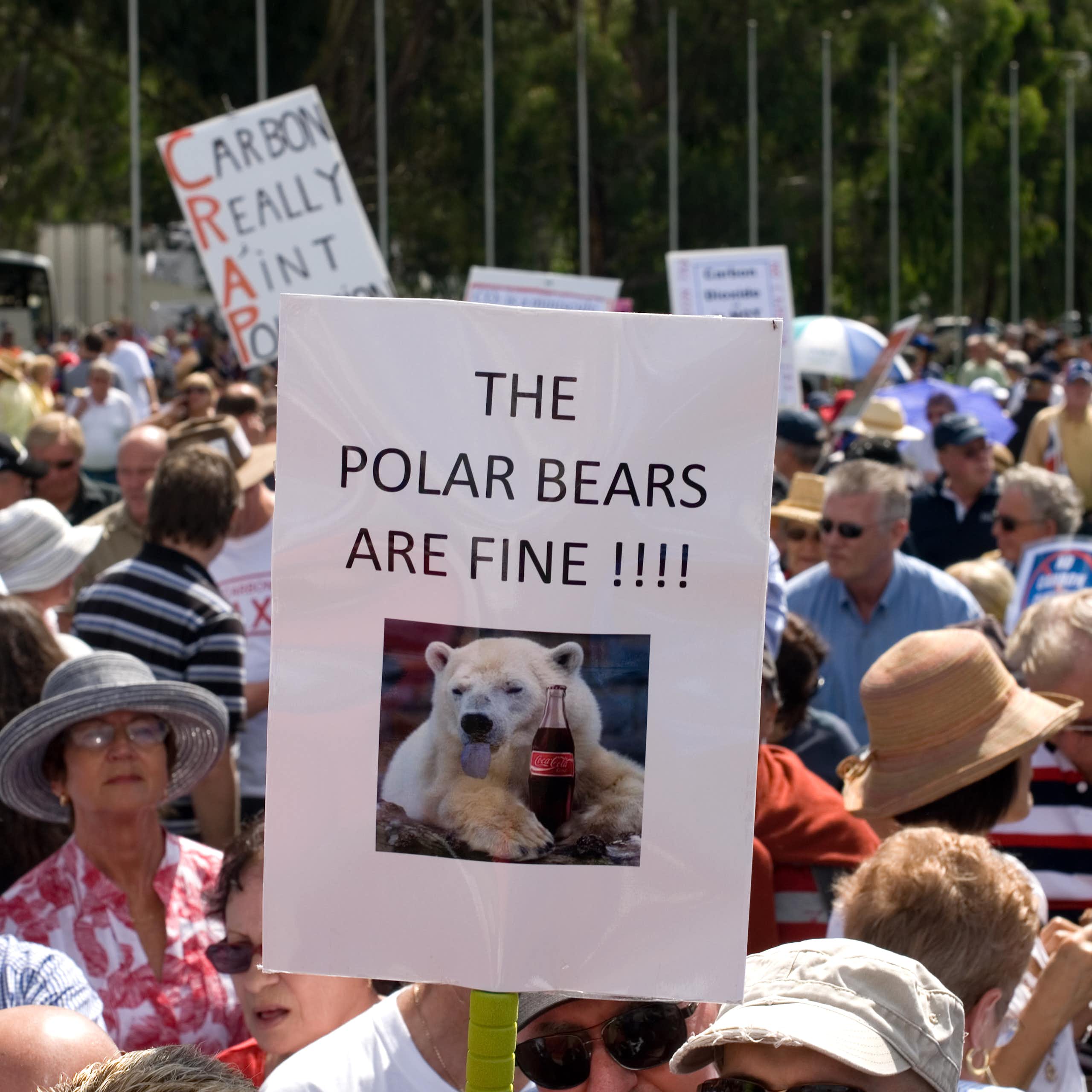  Pancarte climatosceptique où l'on peut lire " The Polar Bears are fine !!! "au milieu d'une manifestation australienne anti taxe carbone. 
