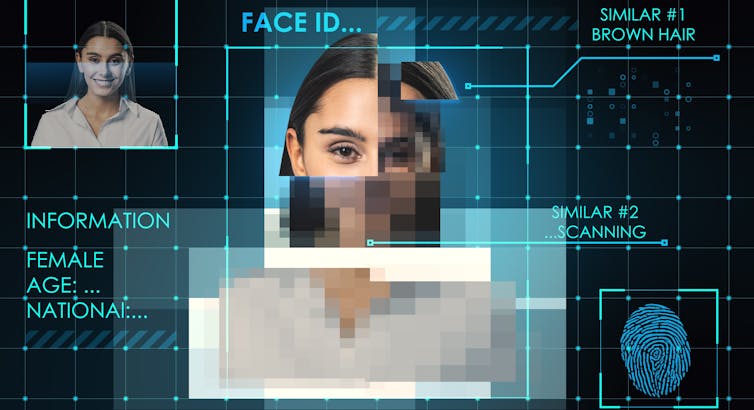 (A girl's face against technological imagery like a fingerprint and a grid.