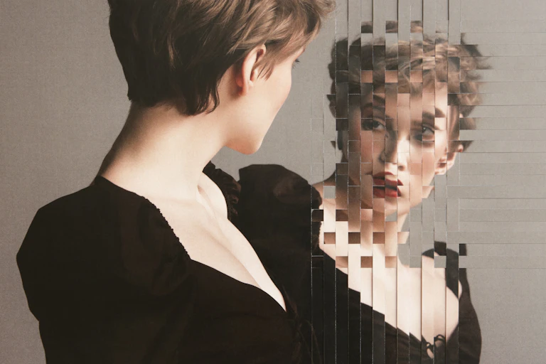 A woman looks at a distorted mirror image of herself.