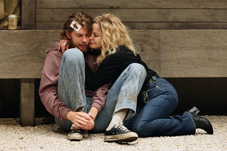 A man and a woman embrace