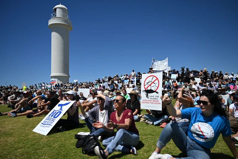 A 2023 rally against a proposed wind farm off the Wollongong coast.