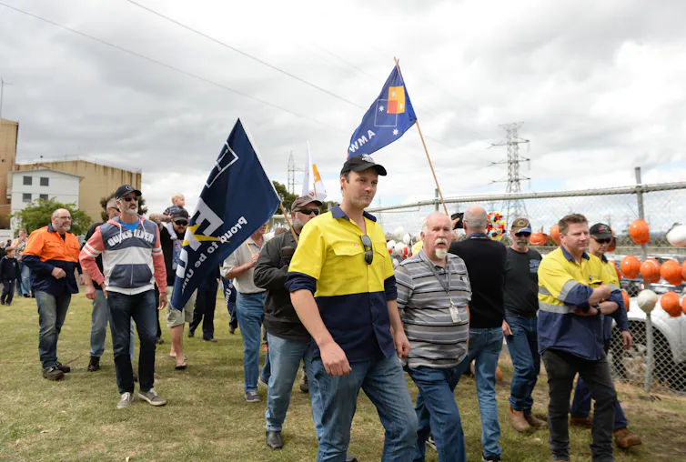 Workers leaving the Hazelwood Power Station in Victoria when it closed in 2017.