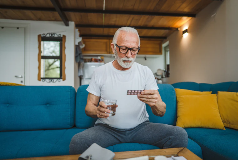 A man looking at a packet of pills.