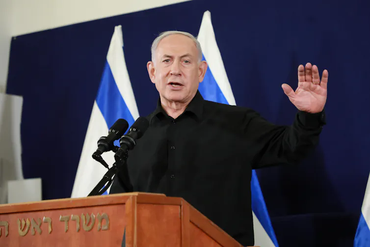 Israeli prime minister, Benjamin Netanyahu gestures at a press conference, November 2023.