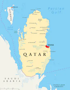 Map of Qatar showing Bahrain and land border with Saudi Arabia.