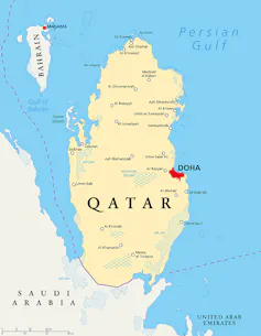 Map of Qatar showing Bahrain and land border with Saudi Arabia.