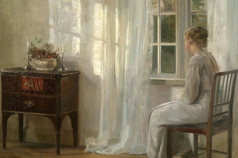 Painting of a woman sat alone by a window