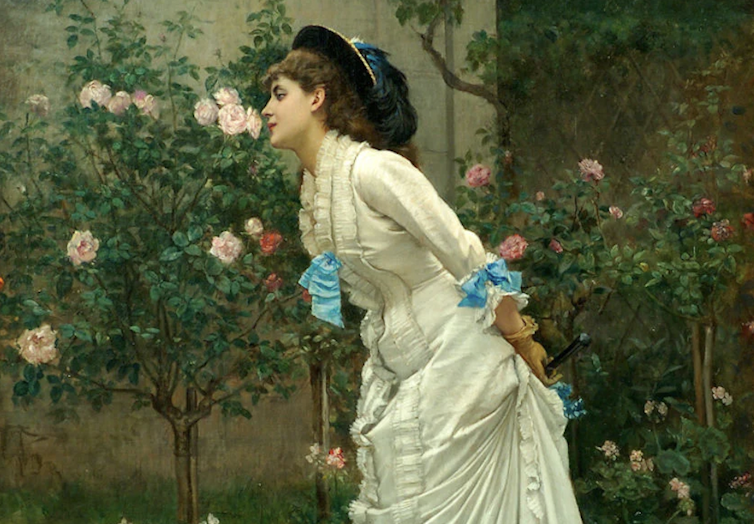 Painting of a woman smelling roses