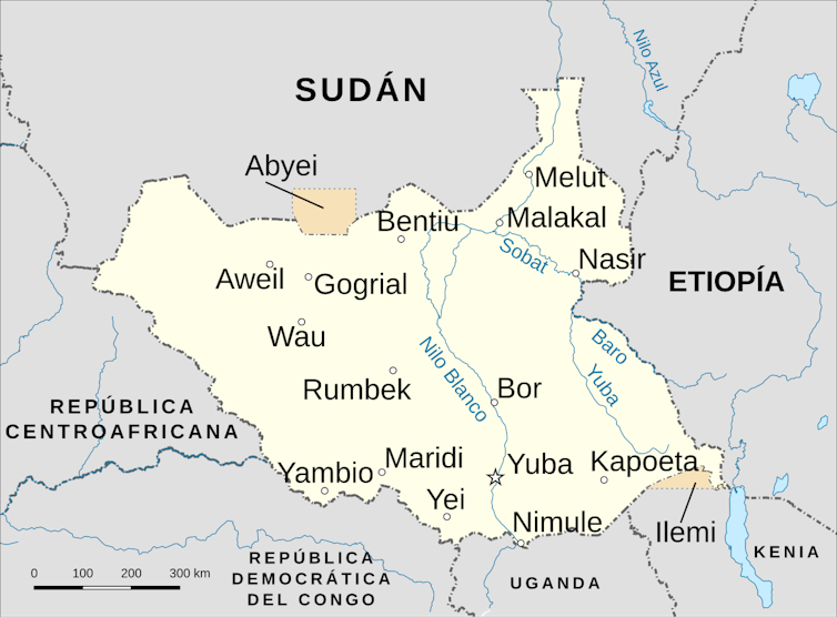 Mapa general de Sudán del Sur, con Sudán al norte.