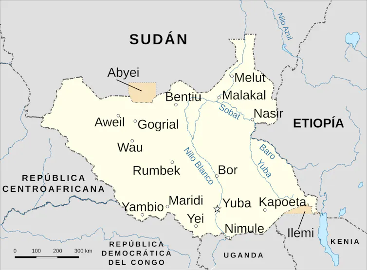 Mapa general de Sudán del Sur, con Sudán al norte.